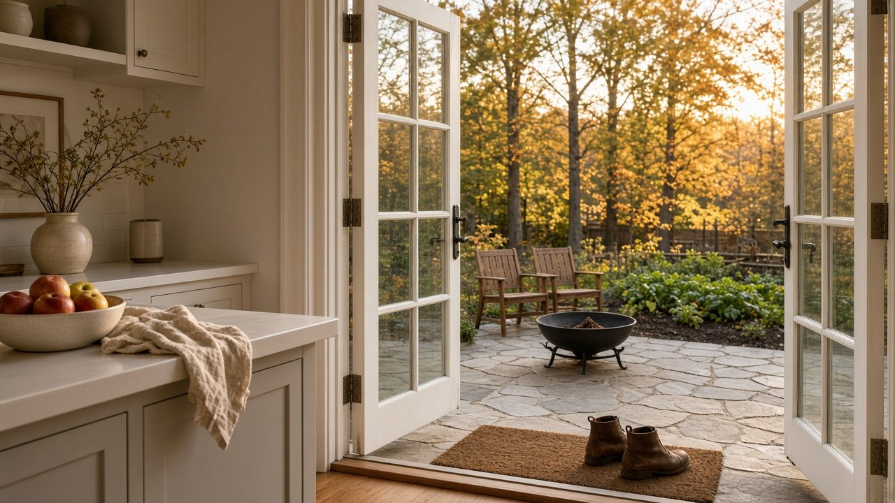 Open French doors leading from a bright kitchen to a stone patio with a fire bowl, chairs and a garden under autumn trees