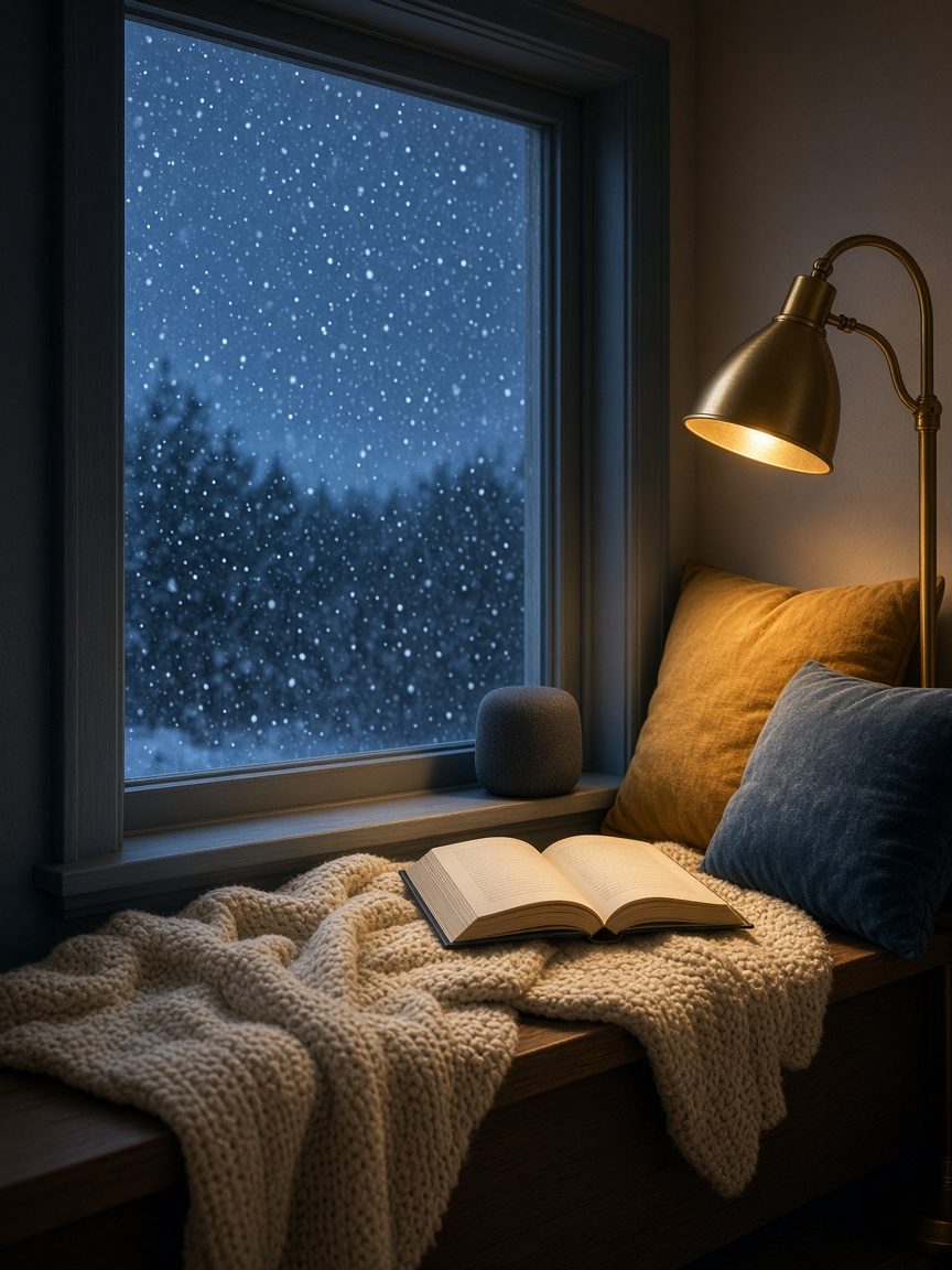 A window-seat reading nook at dusk with snow falling outside, a glowing brass lamp, a knit blanket, an open book and soft cushions
