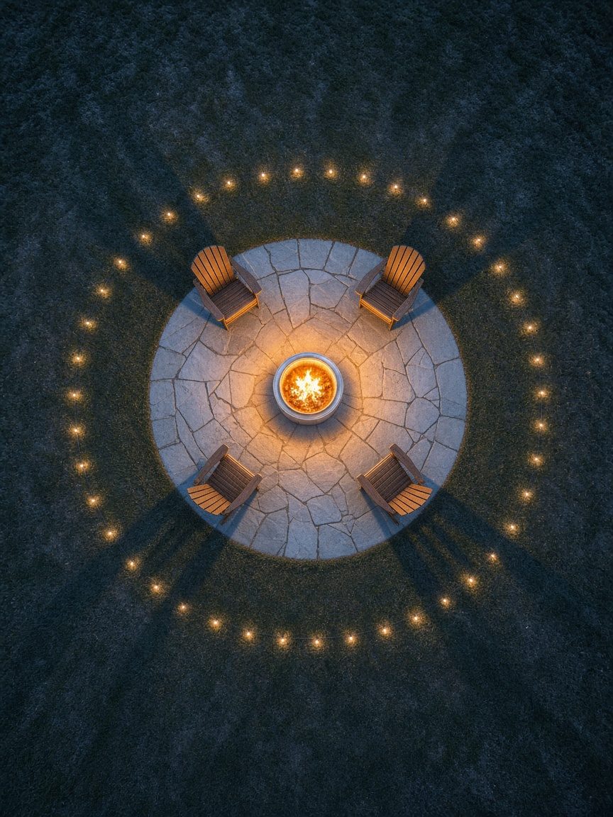 Aerial view at blue hour of a glowing fire pit on a round stone patio, ringed by four wooden chairs and a circle of lights in the grass