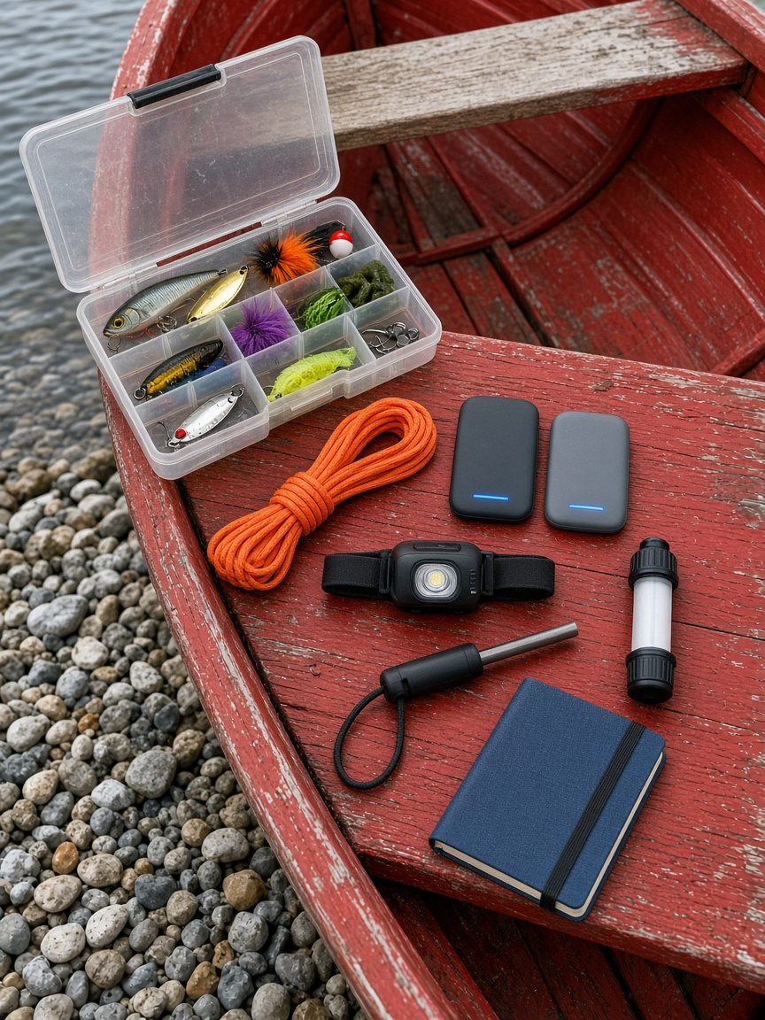 Flat-lay of fishing lures, orange paracord, rechargeable hand warmers, a headlamp, a fire starter and a notebook on a red canoe by a lake