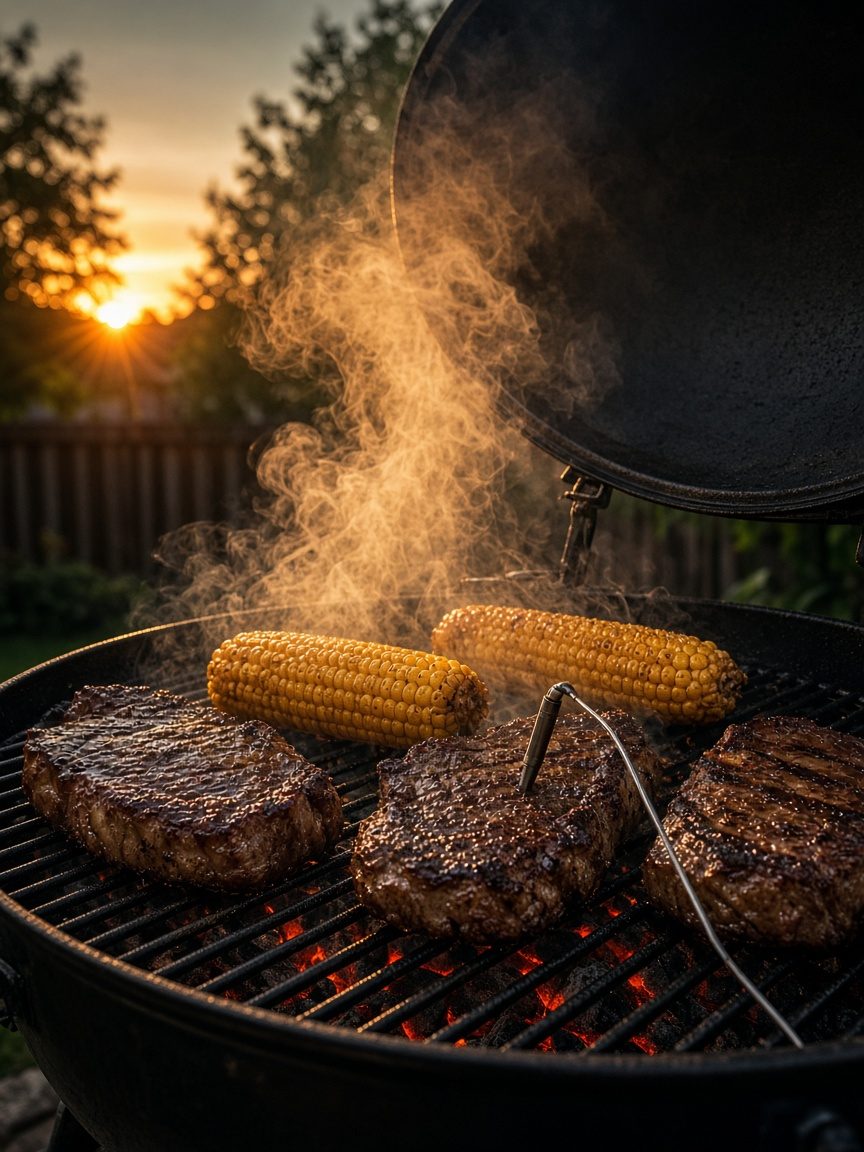 Steaks and corn searing on a smoking backyard grill at golden hour, with a probe thermometer in one steak