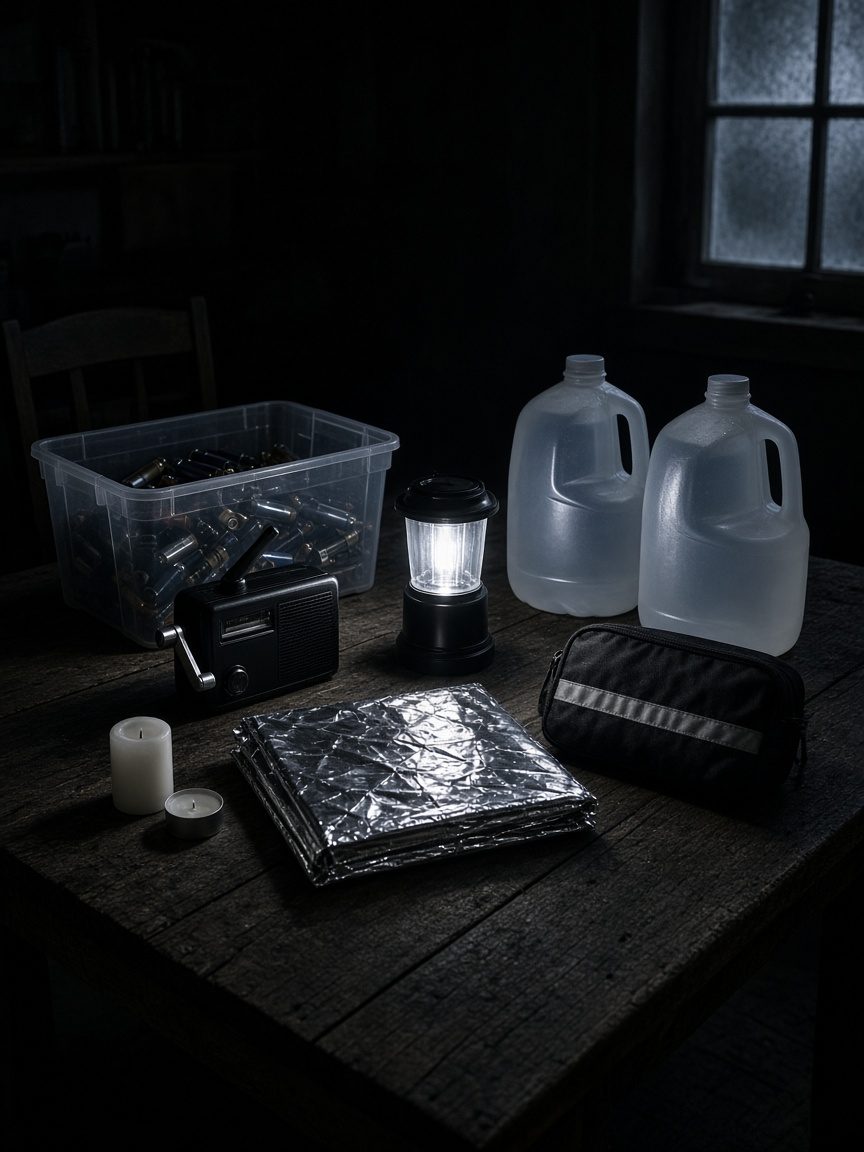 An emergency kit on a dark table during a power outage: a bin of batteries, crank radio, small lantern, water jugs, foil blanket and first-aid pouch