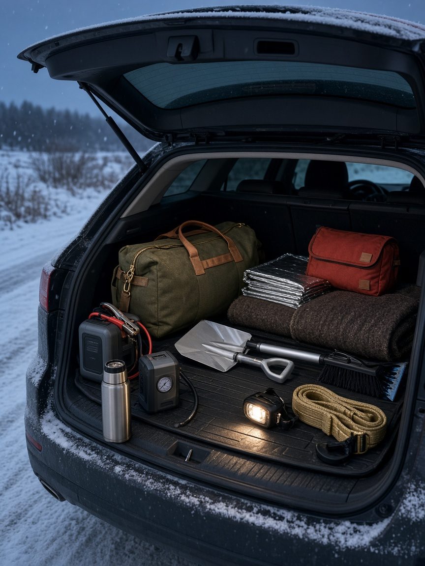 The open hatch of an SUV on a snowy road at dusk with a packed winter kit: duffel, jump starter, tire inflator, shovel, snow brush, first-aid pouch, emergency blankets, wool blanket, tow strap and headlamp