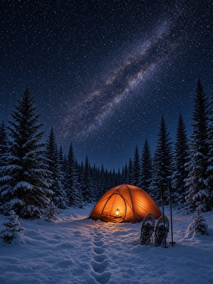 A tent glowing from inside on a snowy ridge under the Milky Way, with pine trees and a pair of snowshoes stuck in the snow